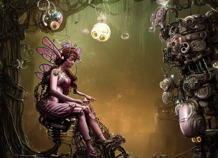 Image similar to intricate mechanical fairy with visible gears having tea with a cyborg gorgon medusa in a magical forest. Very detailed 8k. Fantasy cyberpunk horror. Sharp. Cinematic post-processing