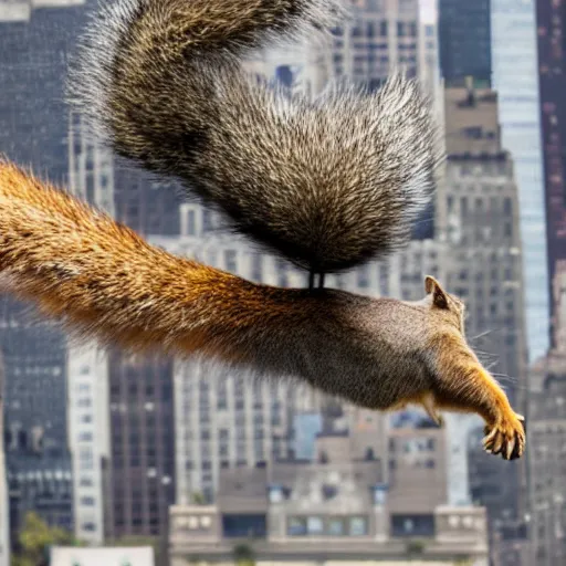 Prompt: giant squirrel in central park makes crowd run in fear