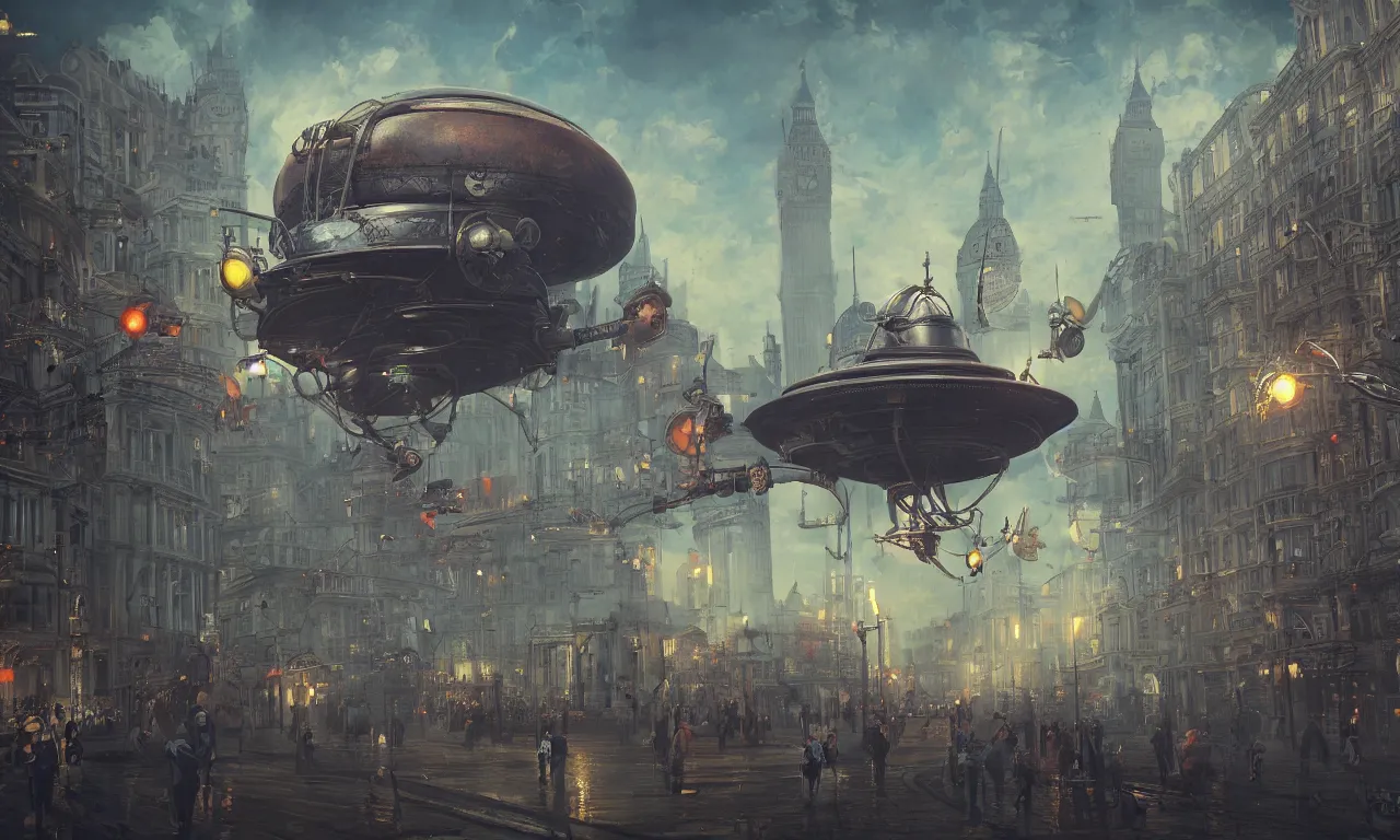 Image similar to London 1888 retro flying saucer invasion, steampunk style, vivid colors, high details, cinematic, 8k resolution, beautiful detailed, photorealistic, digital painting, artstation, concept art, smooth, sharp focus, illustration, fantasy background, artstation trending, octane render, unreal engine