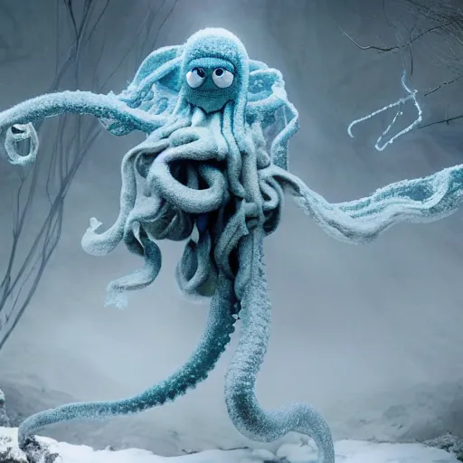 Image similar to an ethereal live action muppet wraith like figure with a squid like parasite latched onto its head and four long tentacle arms that flow lazily but gracefully at its sides like a cloak while it floats around a frozen rocky tundra in the snow searching for lost souls and that hides amongst the shadows in the trees, this character has hydrokinesis and electrokinesis is a real muppet by sesame street, photo realistic, real, realistic, felt, stopmotion, photography, sesame street