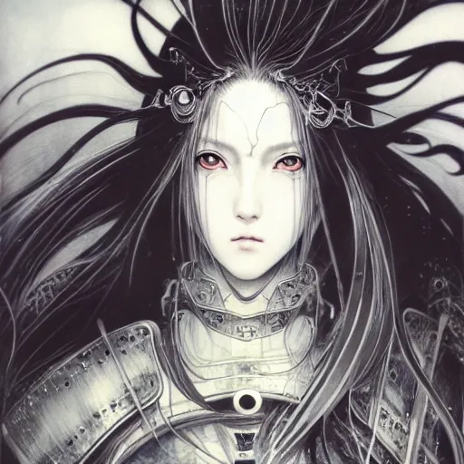 Image similar to yoshitaka amano realistic illustration of an anime girl with black eyes, wavy white hair fluttering in the wind and cracks on her face wearing elden ring armor with engraving, abstract black and white patterns on the background, noisy film grain effect, highly detailed, renaissance oil painting, weird portrait angle, three quarter view