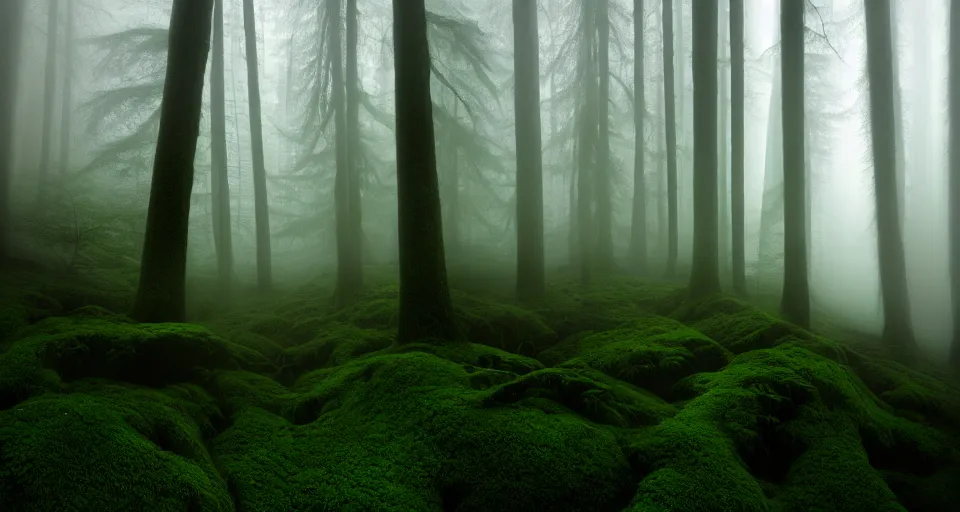 Image similar to deep inside the forest, fog, mist, moss, ferns, epic, award winning photo by ansel adams, masterpiece, artstation