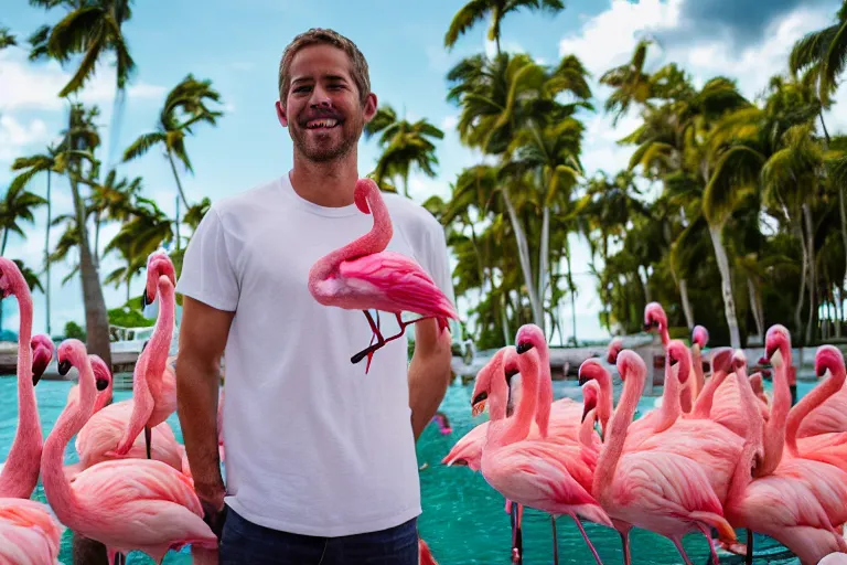 Prompt: paul walker surrounded by flamingos, excited, miami, florida, 3 5 mm, f / 2. 8