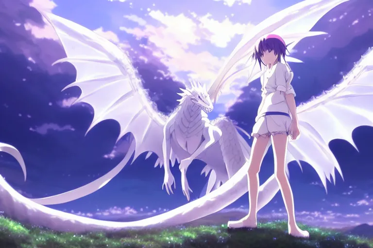 Image similar to anime art full body portrait character concept art, panorama, be surrounded by a huge silver white dragon center, lie on white clouds fairyland, anime key visual of white dragon and girl, finely detailed perfect face delicate, distant lens, style of raphael lacoste, trending on pixiv fanbox, james jean, studio ghibli, xision, extremely high quality artwork