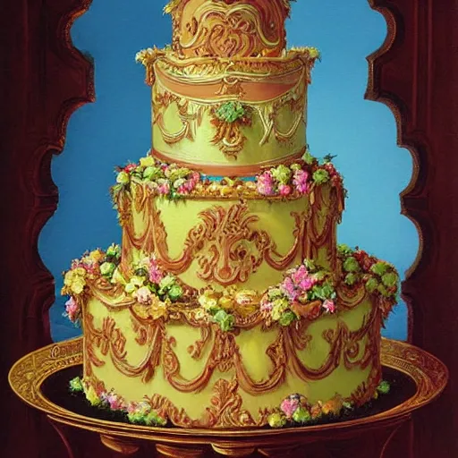 Prompt: baroque rococo cake painting by greg hildebrandt