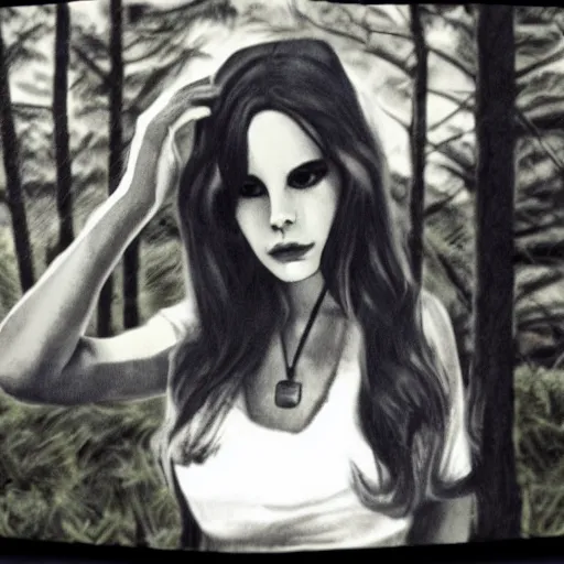 Image similar to trail cam footage of lana del rey, photorealistic, horror