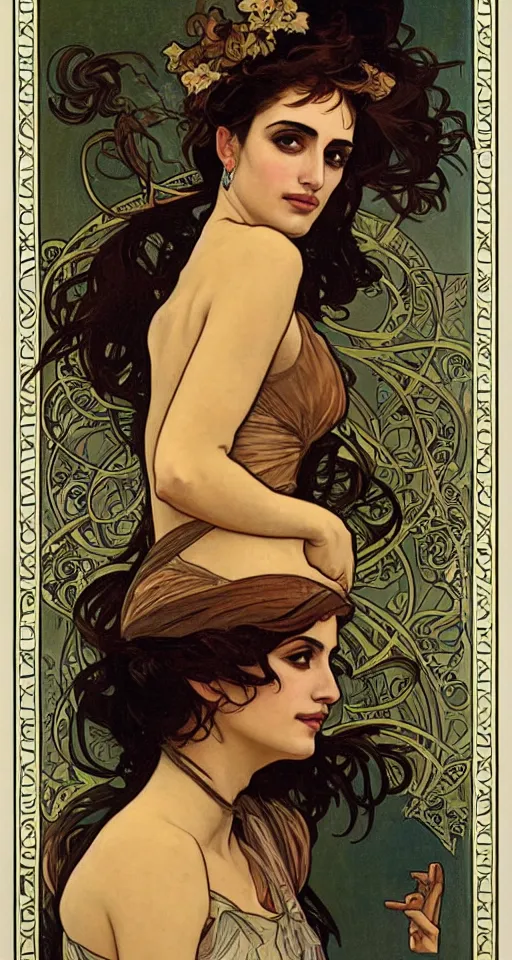 Image similar to portrait of penelope cruz, artwork by alphonse mucha