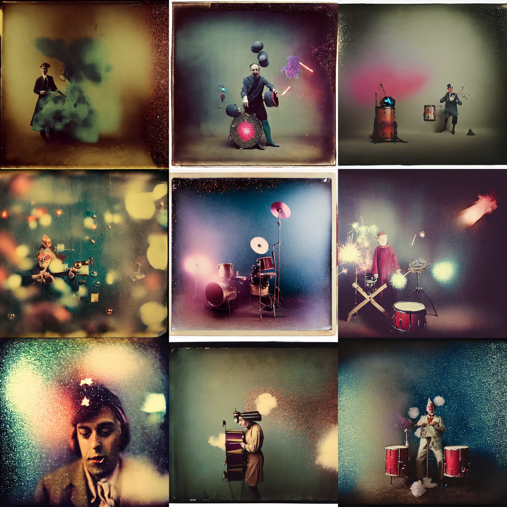 Prompt: kodak portra 4 0 0, wetplate, muted colours, blueberry, drum set, christalized, 1 9 1 0 s style, motion blur, portrait photo of a backdrop, explosions, rockets, bombs, sparkling, glitter, snow, fog, by georges melies and by britt marling