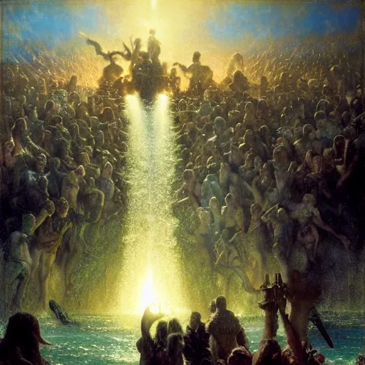 Prompt: alvah angelrune water portal to hell located in heaven, crowd of people, rule of thirds, 4 k, dark bright effect, highly detailed painting by gaston bussiere, craig mullins, j. c. leyendecker