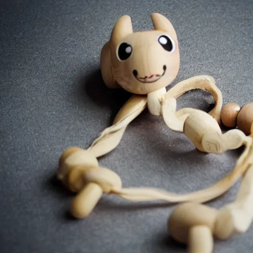 Image similar to an adorable simple ball jointed doll dragon toy lovingly crafter by hand from wood on a toy workbench, worms eye view, macro camera lens, cinematic, focus