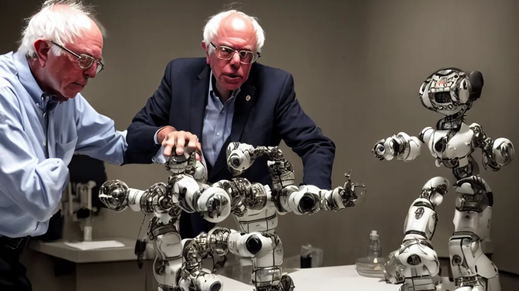 Image similar to bernie sanders putting the finishing touches on a cute clockwork doomsday robot, cinematic moody lighting, sharp focus, dirty laboratory, imax