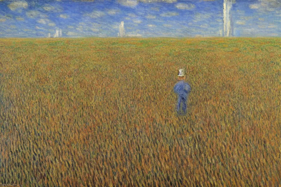 Prompt: sci-fi painting of many skyscraper on the small wheat fields, only one robot kid on the ground, by Monet, godrays, detailed