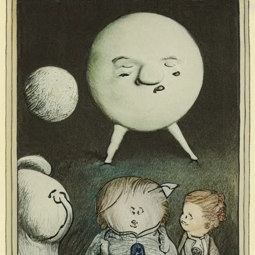 Image similar to candid portrait of white ball with a human face speaking, surrounded by clouds, illustrated by peggy fortnum and beatrix potter and sir john tenniel