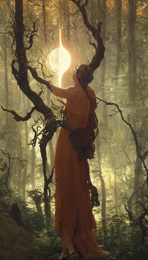 Prompt: A mythical person viewing at a solar eclipse from a primordial forest. Highly detailed, digital painting, artstation, concept art, sharp focus, illustration, art by Jan Brueghel the Elder, greg rutkowski and alphonse mucha.