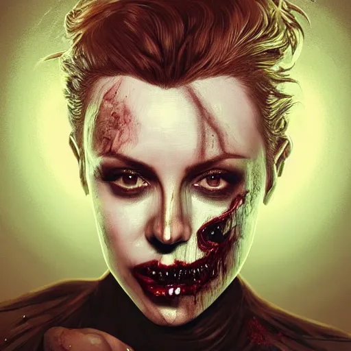 Image similar to portrait of kylie minogue as a zombie with cuts on face, 7 days to die zombie, fine art, award winning, intricate, elegant, sharp focus, cinematic lighting, highly detailed, digital painting, 8 k concept art, art by guweiz and z. w. gu, masterpiece, trending on artstation, 8 k