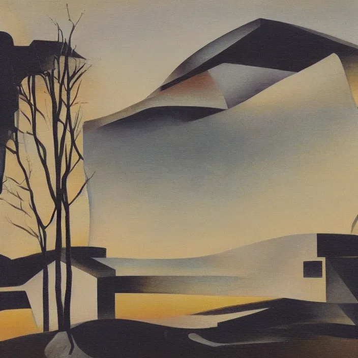 Prompt: a building in a serene landscape, futurism