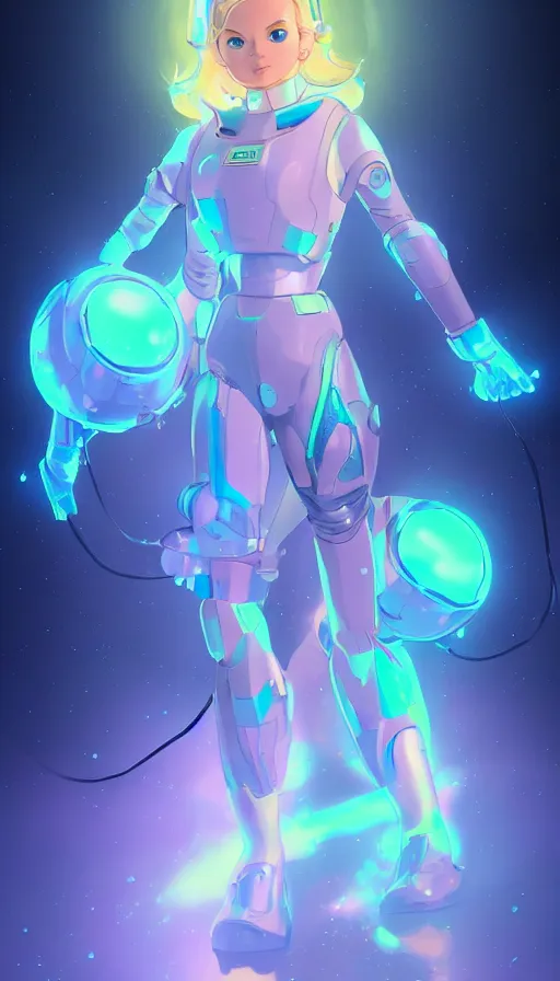 Prompt: full body Princess Rosalina with a scifi futuristic space suit by Ilya Kuvshinov concept art, Mobile Suit Gundam Mech suit, symmetrical face Glycerine skin hyper realistic neon Bioluminescent Cleopatra, trending on artstation