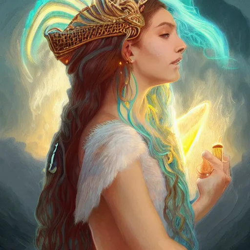 Prompt: quetzalcoatl glowing with magic, aquamarine hair, female, glacier landscape, D&D, fantasy, intricate, elegant, highly detailed, digital painting, artstation, concept art, matte, sharp focus, illustration, art by Artgerm and Greg Rutkowski and Alphonse Mucha