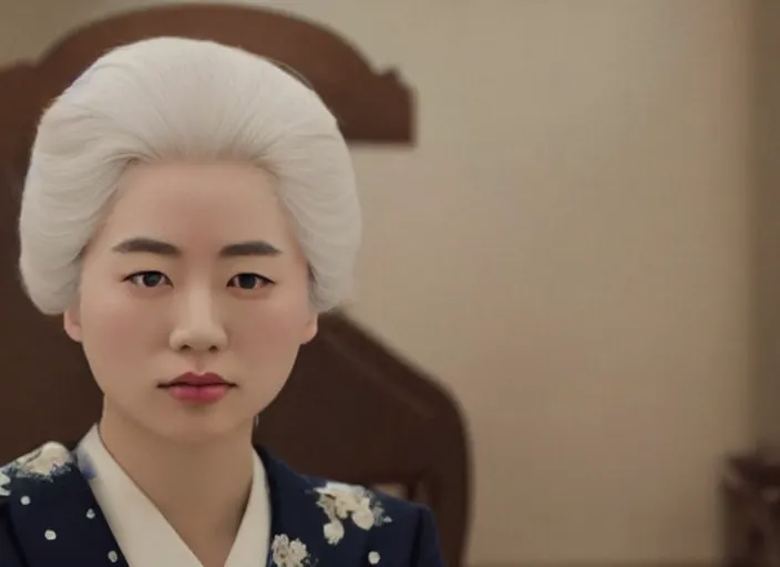 Prompt: a film still of a japanese princess young lady called kamisato ayaka, with white hair and bangs!!!! in the grand budapest hotel ( 2 0 1 4 )