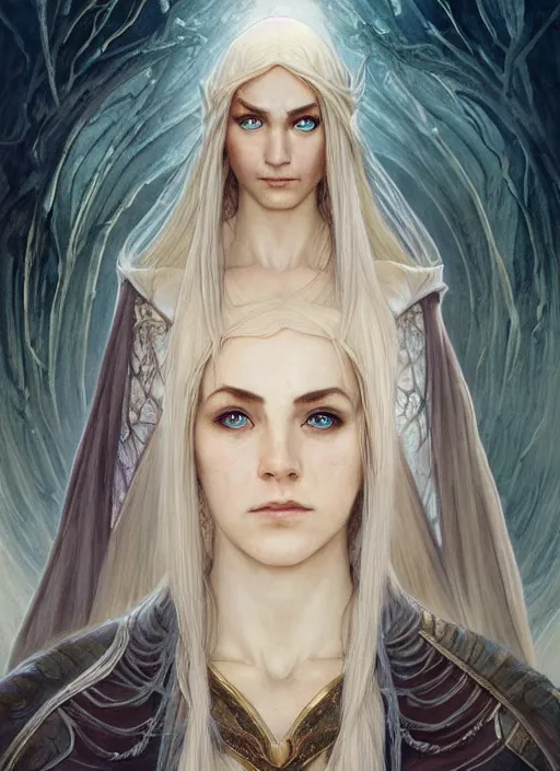 Image similar to Portrait of a beautiful female elven warrior, white glowing eyes, lord of the rings, cloak, female, fantasy, extremely detailed, digital painting, artstation, concept art, smooth, sharp focus, illustration, stunning lighting, art by artgerm and greg rutkowski and alphonse mucha and simon stalenhag, realistic character concept, high fantasy, light atmosphere, golden ratio, cinematic lighting, hyperdetailed, high resolution, insanely detailed and intricate, artstation, Marc Simonetti, Greg Rutkowski, 8k