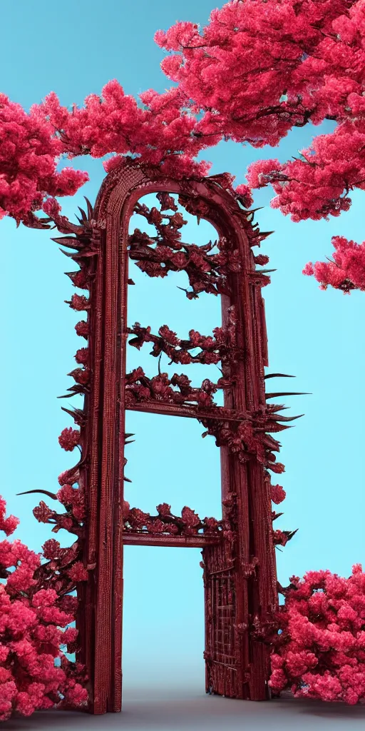 Image similar to 3 d photographic render of an ancient gate sculpture with red sakura flowers made of chrome, chrometype, made of liquid metal, neotribal with metallic thorns and thunders, raytracing, hyper realistic, volumetric lightning, 8 k, by zhelong xu and ouchh studio