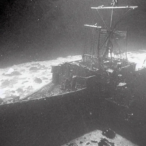 Prompt: an old ship on the bottom of the ocean that sunk a long time ago. mysterious, intimidating, haunted