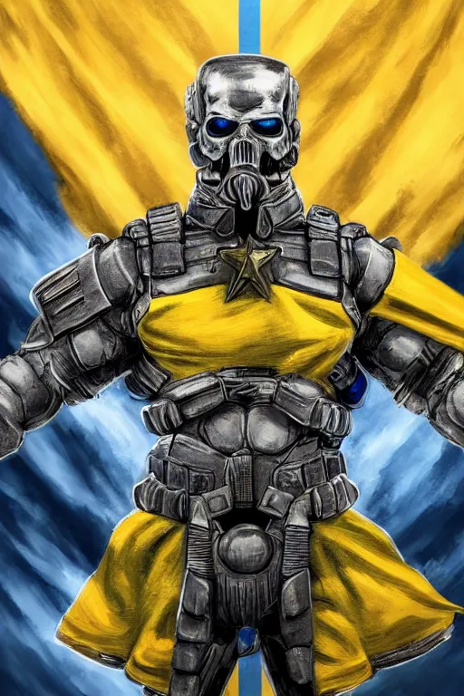 Image similar to a full body shot from distance of a super soldier with a Ukrainian blue and yellow stripes flag standing in the beam of light from the clouds on a pile of skulls and rotten cars as a winner, masculine figure, D&D, fantasy, intricate, elegant, highly detailed, digital painting, artstation, concept art, matte, sharp focus, symmetrical, illustration, hyperrealistic, art by Artgerm and Greg Rutkowski and Alphonse Mucha