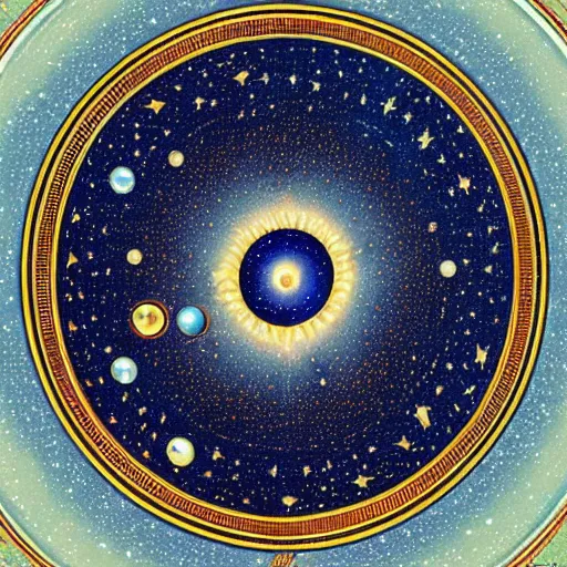 Prompt: a beautiful celestial sky with stars, planets and galaxies in the style of illuminated manuscript, circular abstract border with curly symmetrical designs, trending on artstation