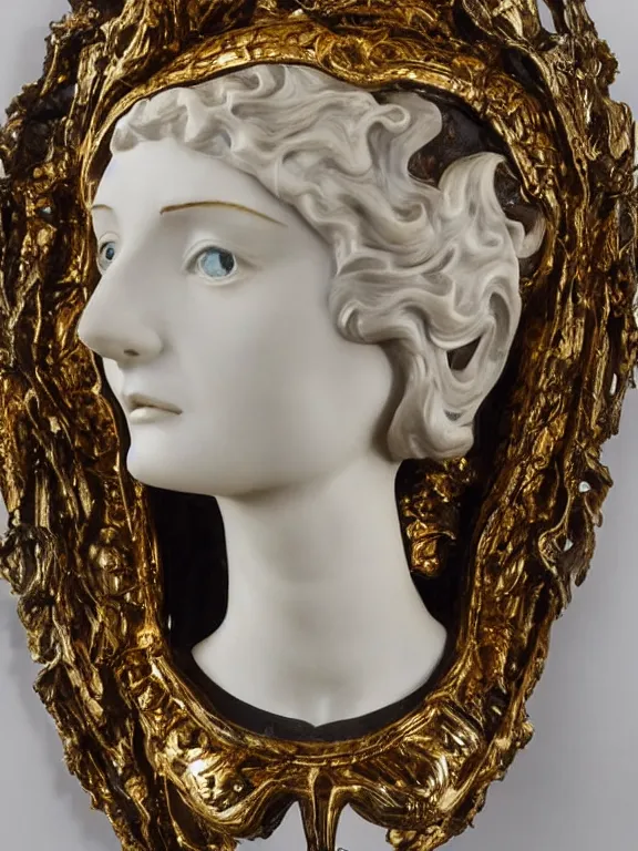 Image similar to a backlit art nouveau marble head and torso sculpture of a worried young audrey hepburn, wearing intricate gold plate armor on her chest and a golden helmet, delicate, intricate, smooth, beautiful, glowing, by charles van der stappen