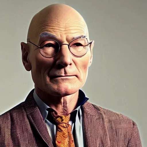 Image similar to photo of a person who looks like a mixture between patrick stewart and brent spiner