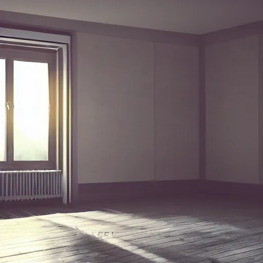 Image similar to sun shines through a window into an empty room, realistic reflection and caustic