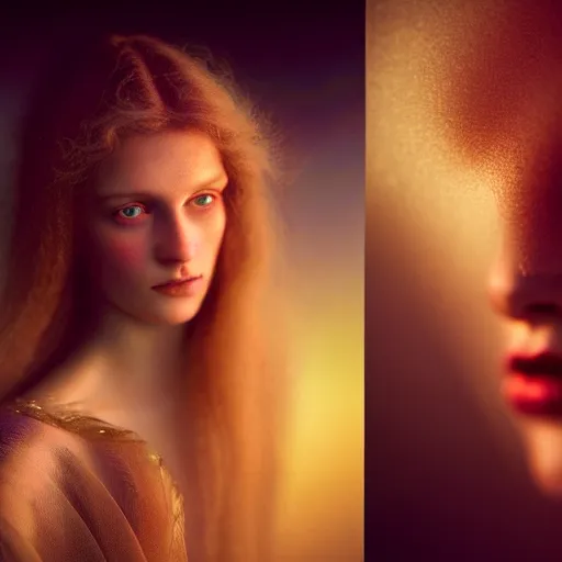 Image similar to photographic portrait of a stunningly beautiful renaissance female with iridescent magic glow, in soft dreamy light at sunset, contemporary fashion shoot, by edward robert hughes, annie leibovitz and steve mccurry, david lazar, jimmy nelsson, extremely detailed, hyperrealistic, perfect face, octane render