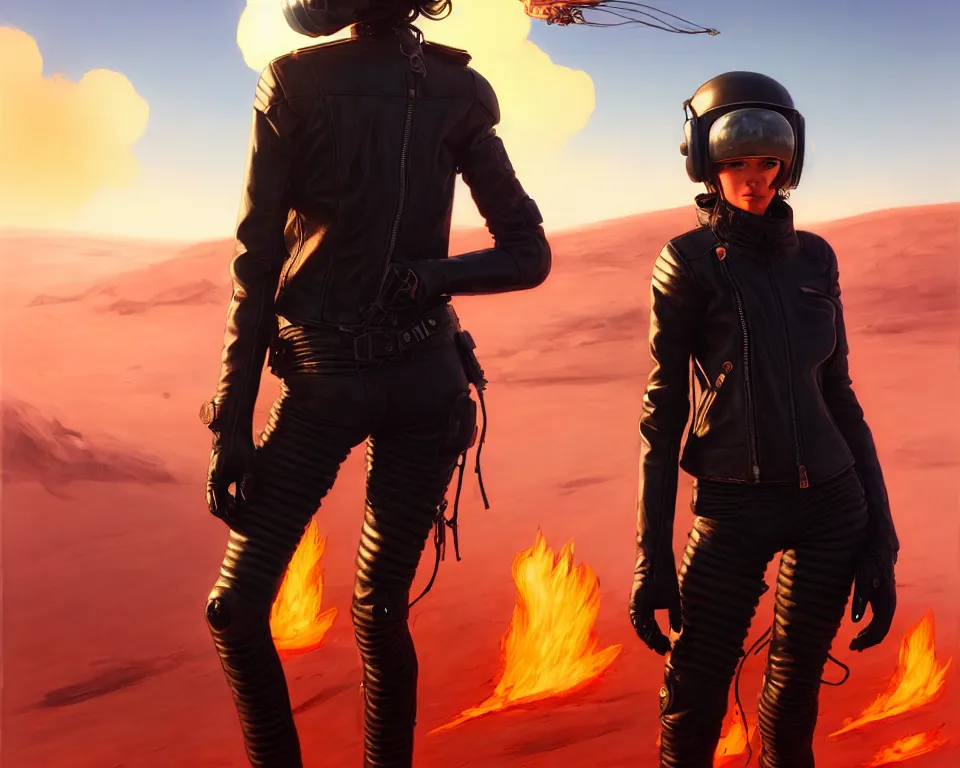 Image similar to a ultradetailed beautiful panting of post apocalyptic woman biker in leather jacket with helmet in front of burning desert, by ilya kuvshinov, greg rutkowski and makoto shinkai, trending on artstation