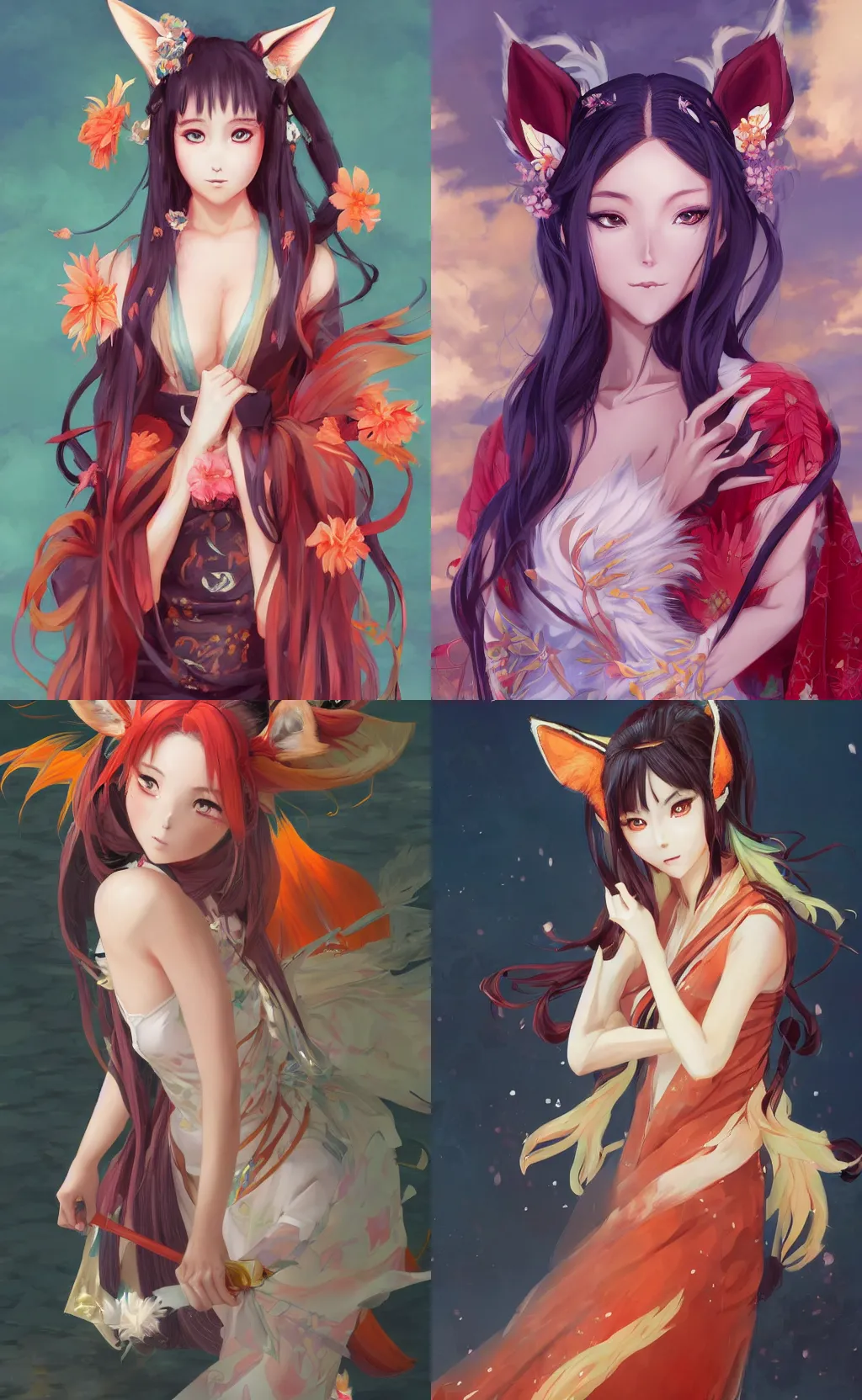 Prompt: A beautiful anime digital painting of Ssunbiki as a beautiful young woman with fox ears and nine tails wearing a kimono, by Stanley Artgerm Lau, WLOP, Rossdraws, James Jean, Andrei Riabovitchev, Marc Simonetti, and Sakimichan, tranding on artstation, SFW version