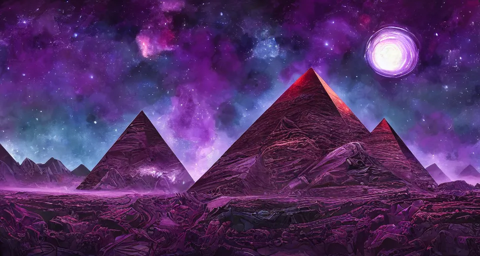 Image similar to black lovecraftian eldritch!! obsidian pyramid!! surrounded by black desert, cosmic purple space!, bright stars, nebula, sky background by eugene von guerard, ivan shishkin, night, cosmic brightly purple space stars, concept art, trending on artstation, 8 k