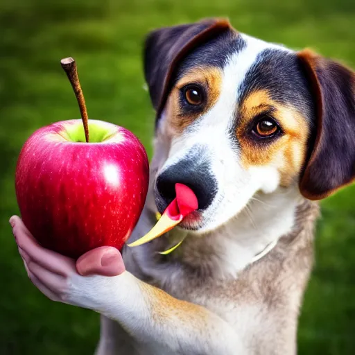 Image similar to a dog holding an apple in its mouth, 8 k, 4 k, professional photography, award winning photo