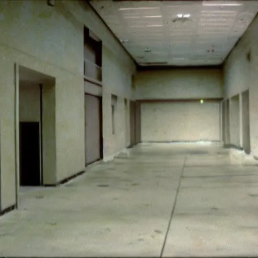 Image similar to vhs found footage of an abandoned empty mall made out of cement, 3 5 mm, photography, liminal space, the backrooms, scp, stalker, surveillance camera