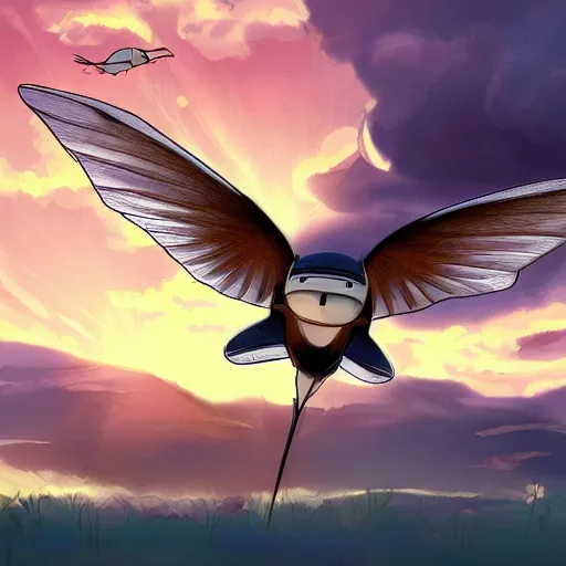 Prompt: a robot house martin flying in the sky, sunset, mechanical cute bird, wide tail, fluffy clouds, beautiful digital art, pixiv