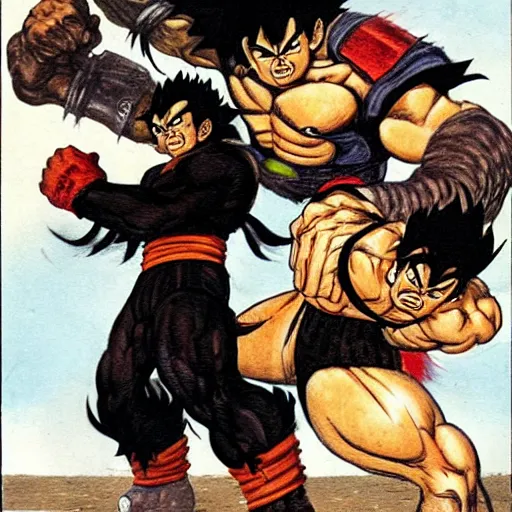 Prompt: Black-haireBlack-haired Saiyan warrior fistfighting Ork, Orkboy, Frank Frazetta art, pulp art