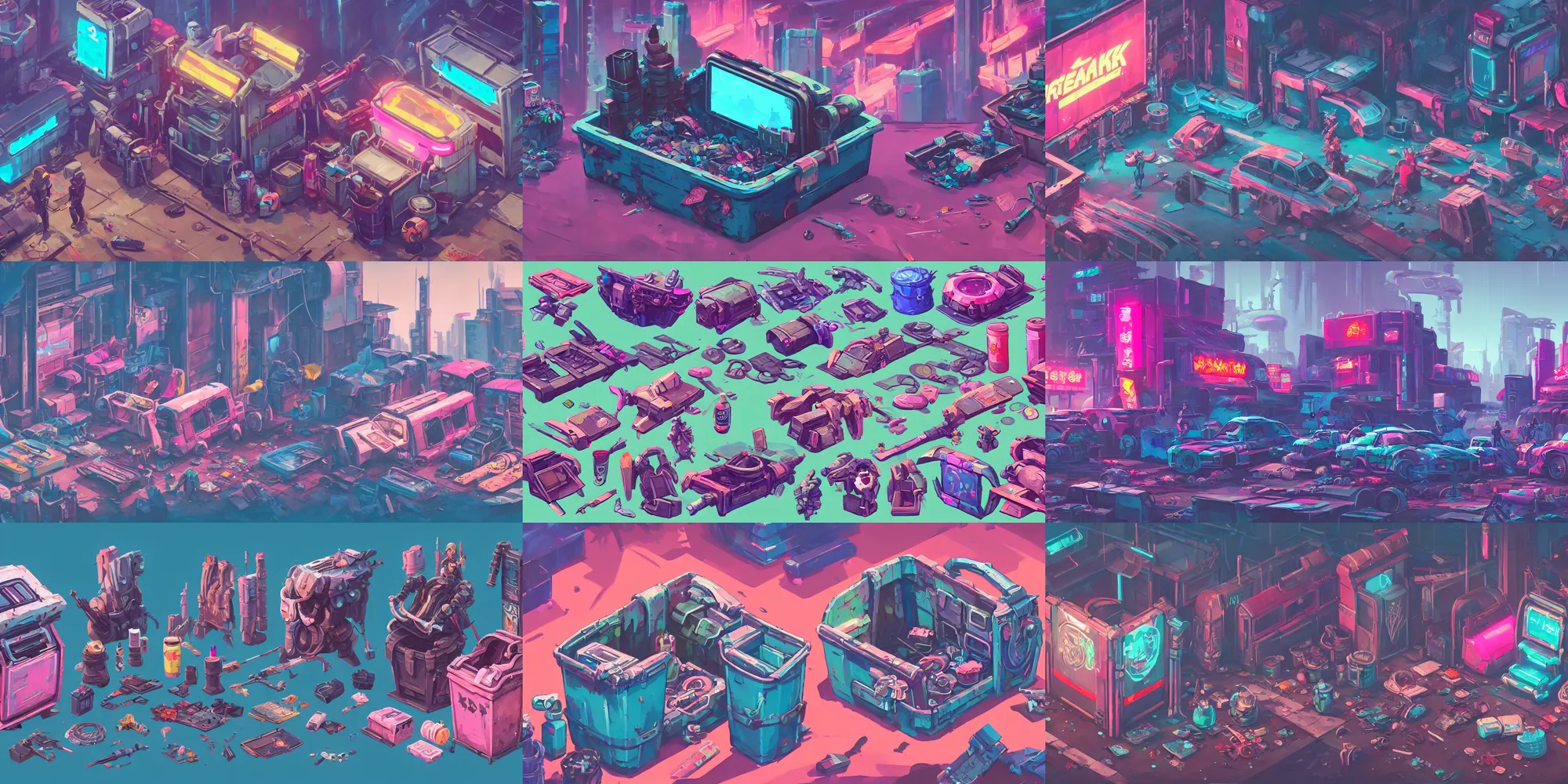 Prompt: game asset of cyberpunk trashbin and junkyard, in gouache detailed paintings, props, stylized, 2 d sprites, kitbash, arcane, overwatch, blue and pink color scheme, 8 k, close up