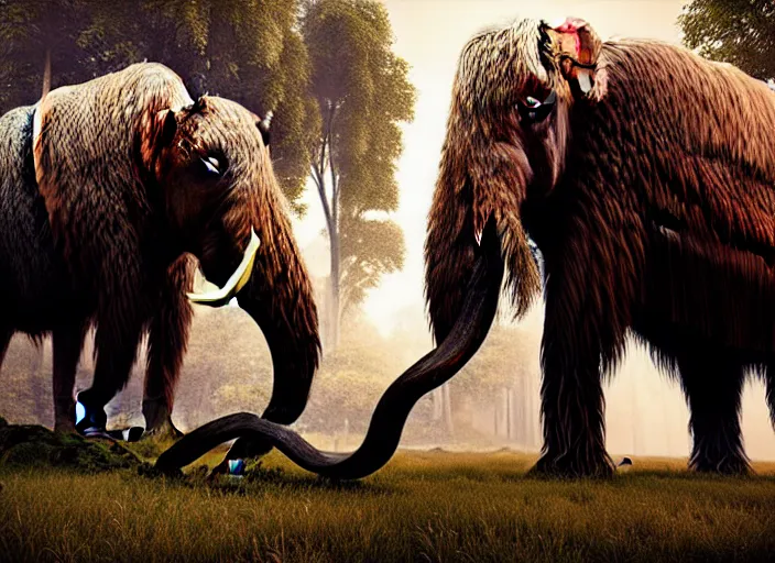 Image similar to hyperrealism, detailed textures, photorealistic, 3 d render, a surreal mystical wooly mammoth grazing, ultra realistic cinematic, intricate, cinematic light, concept art, illustration, art station, unreal engine