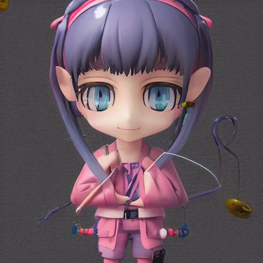 Image similar to a digital painting of a girl with a fish on her head, chibi, xu weili, bada, 3 d nft, nendoroid 3 d, cyberpunk art by hanna kime, avetetsuya studios, cgsociety, seapunk, anime aesthetic, rendered in maya