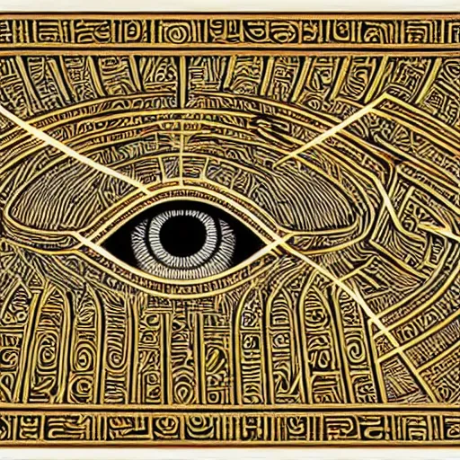 Image similar to evil egyptian heiroglyphic maze covered in mysterious hidden eye symbols, very intricate, hyper detailed