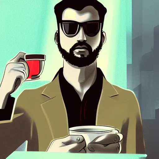 Image similar to portrait of a handsome startup CEO having a cup of coffee. cyberpunk style, digital art