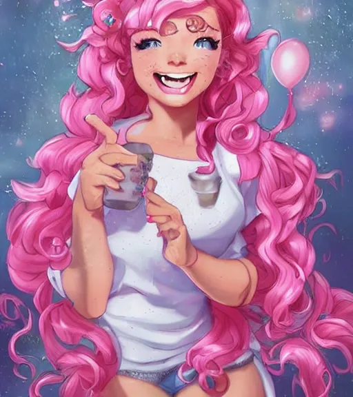 Image similar to humanized pinkie pie throws a party, a plus sized!!! white girl with curly pink hair and freckles throws a party, extremely energetic, very fun, laughter, art by stanley lau, artgerm, rossdraws, ross tran, sakimichan, cyarine, beautiful art