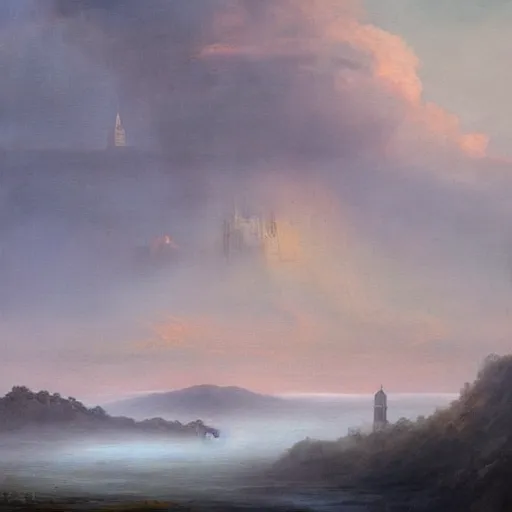 Prompt: an impossibly large tower rising from a sea of mist,evocative,romanticism landscape painting