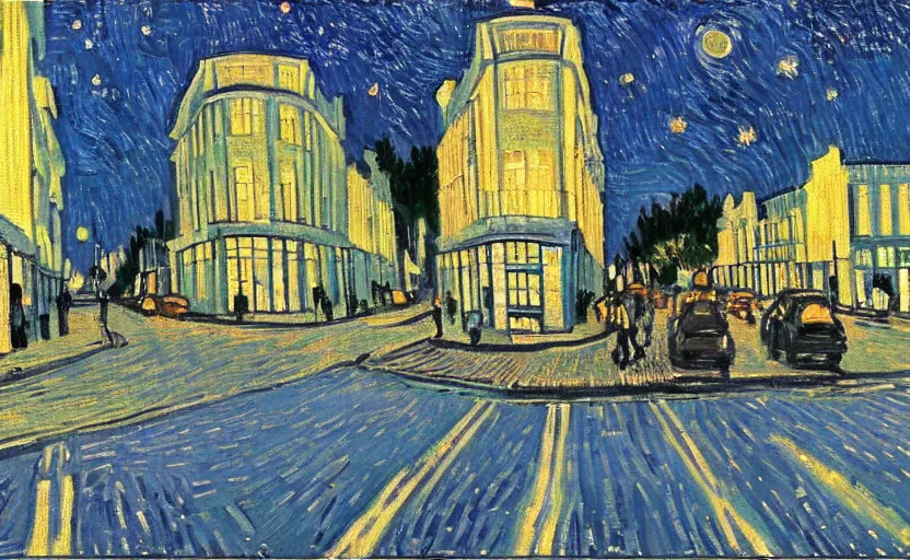 Image similar to abbey road, london at night, painting by van gogh, oil paint,