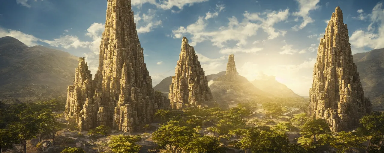 Image similar to single tower, golden babylon tower, beight stone, sacred ancient architecture, hanging gardens, cascading highrise, arid mountains with lush palm forest, sunlight, post - production, octane, cgi, sfx