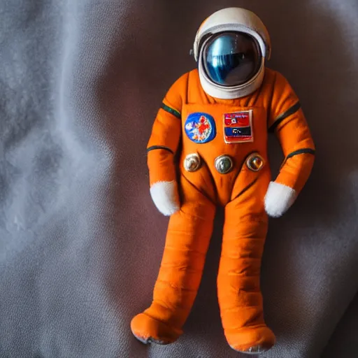 Image similar to Fumo plush of a Soviet cosmonaut in an orange spacesuit SK-1, Vostok-1, EOS-1D, f/1.4, ISO 200, 1/160s, 8K, RAW, unedited, symmetrical balance, in-frame