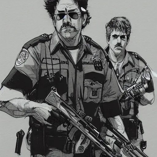 Image similar to super troopers movie, concept art, sumi - e style, intricate linework, artstation, trending, highly detailed, smooth, focus, art by yoji shinkawa,